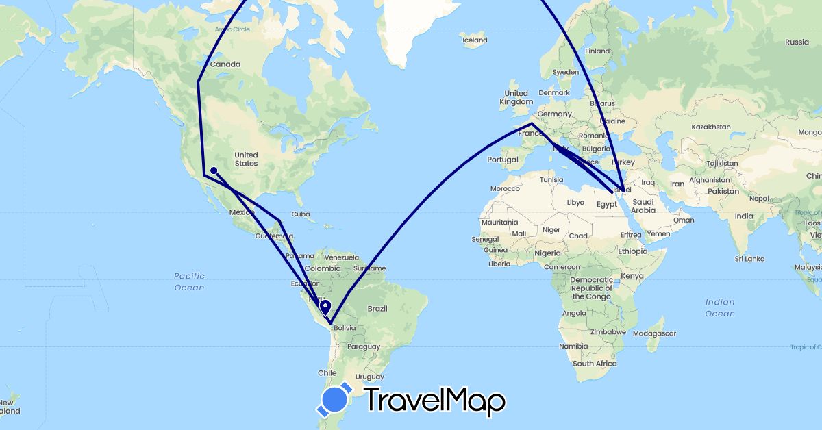 TravelMap itinerary: driving in Brazil, Canada, Egypt, France, Italy, Jordan, Mexico, Peru, United States (Africa, Asia, Europe, North America, South America)